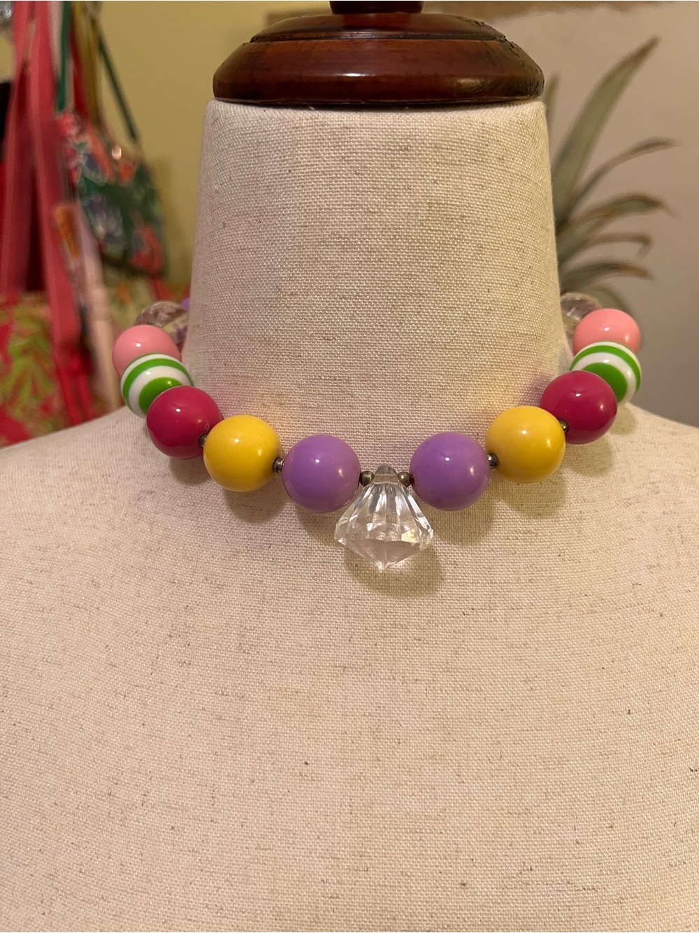 Bright Multicolor Beaded Chunky Statement Necklace with Clear Pendant